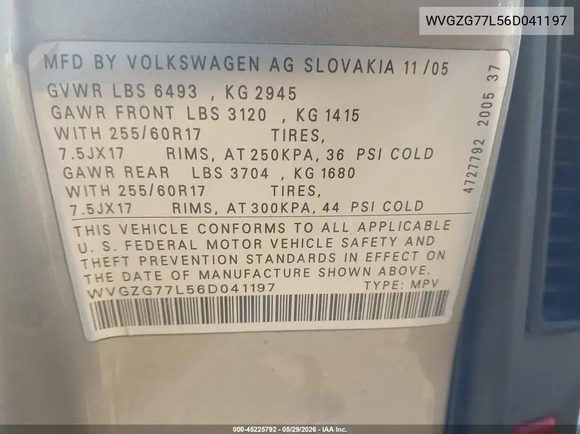 2006 Volkswagen Touareg V6 VIN: WVGZG77L56D041197 Lot: 45225792