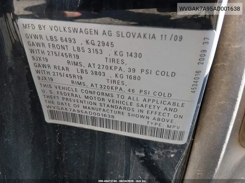 2010 Volkswagen Touareg V6 Tdi VIN: WVGAK7A95AD001638 Lot: 45472740