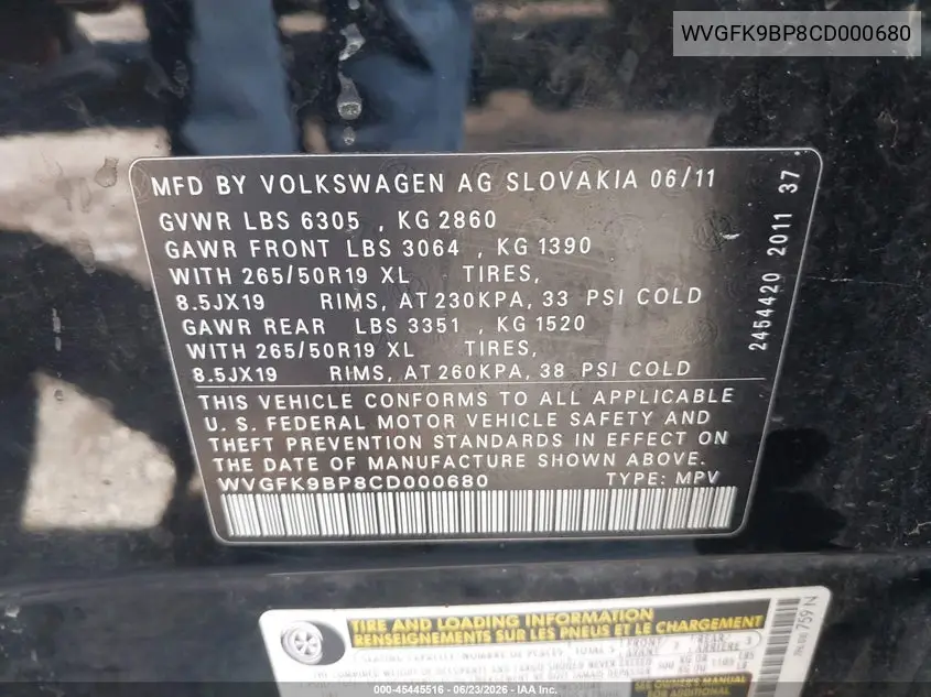 2012 Volkswagen Touareg Tdi Lux VIN: WVGFK9BP8CD000680 Lot: 45445516