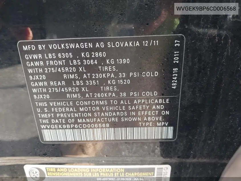 2012 Volkswagen Touareg Tdi Executive VIN: WVGEK9BP6CD006568 Lot: 45579892