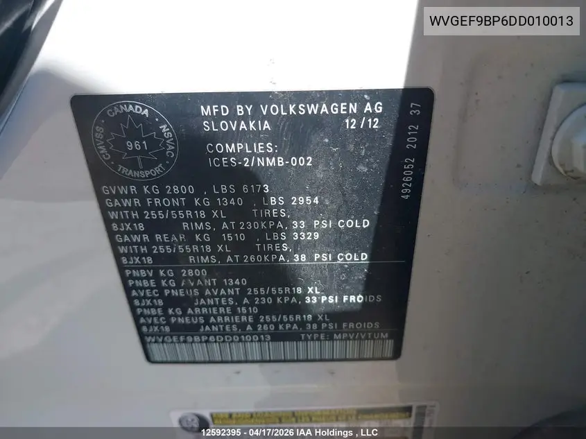 2013 Volkswagen Touareg V6 VIN: WVGEF9BP6DD010013 Lot: 12592395