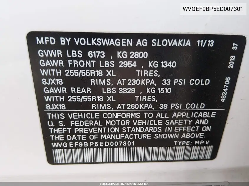 2014 Volkswagen Touareg 3.6L Sport VIN: WVGEF9BP5ED007301 Lot: 45612253