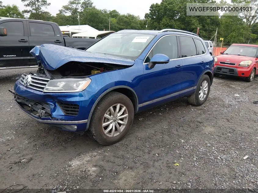 2016 Volkswagen Touareg Vr6 Sport VIN: WVGEF9BP8GD004931 Lot: 45251454