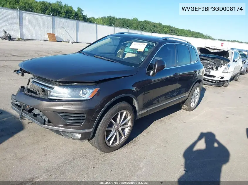 2016 Volkswagen Touareg Vr6 Executive VIN: WVGEF9BP3GD008174 Lot: 45370700
