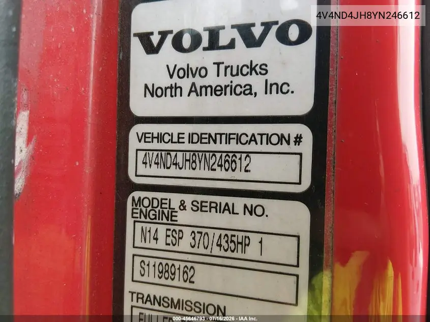 2000 Volvo Vn VIN: 4V4ND4JH8YN246612 Lot: 45646793