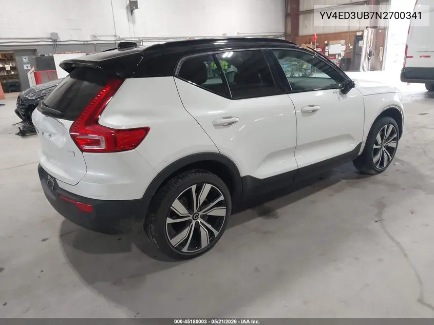 2022 Volvo Xc40 Recharge Pure Electric P8 Twin Ultimate VIN: YV4ED3UB7N2700341 Lot: 45180003