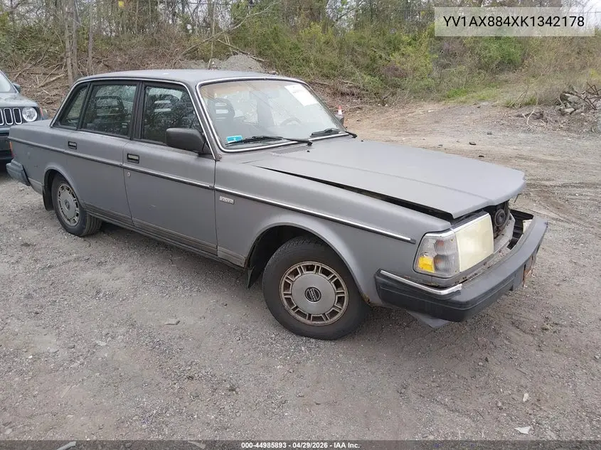 1989 Volvo 244 Dl/Gl VIN: YV1AX884XK1342178 Lot: 44985893