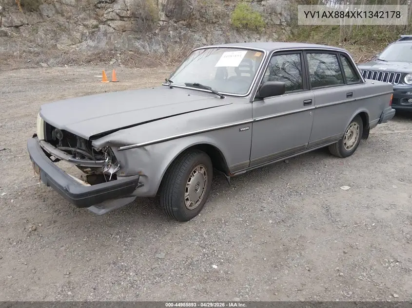 1989 Volvo 244 Dl/Gl VIN: YV1AX884XK1342178 Lot: 44985893