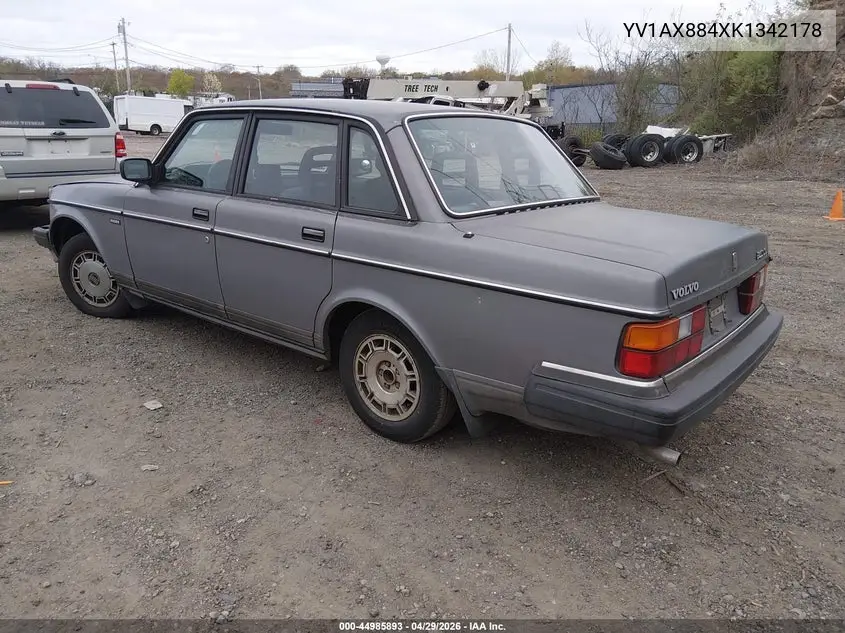 1989 Volvo 244 Dl/Gl VIN: YV1AX884XK1342178 Lot: 44985893