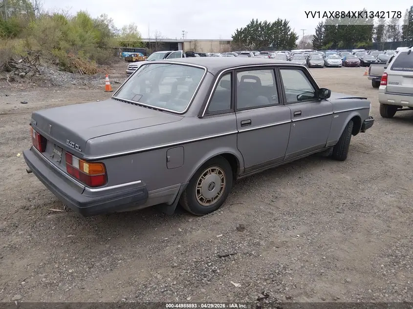 1989 Volvo 244 Dl/Gl VIN: YV1AX884XK1342178 Lot: 44985893