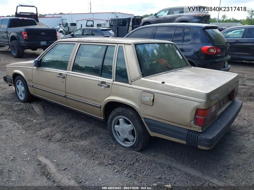 1989 Volvo 740 Gl VIN: YV1FX8840K2317418 Lot: 45223443