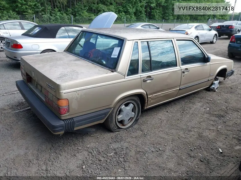 1989 Volvo 740 Gl VIN: YV1FX8840K2317418 Lot: 45223443