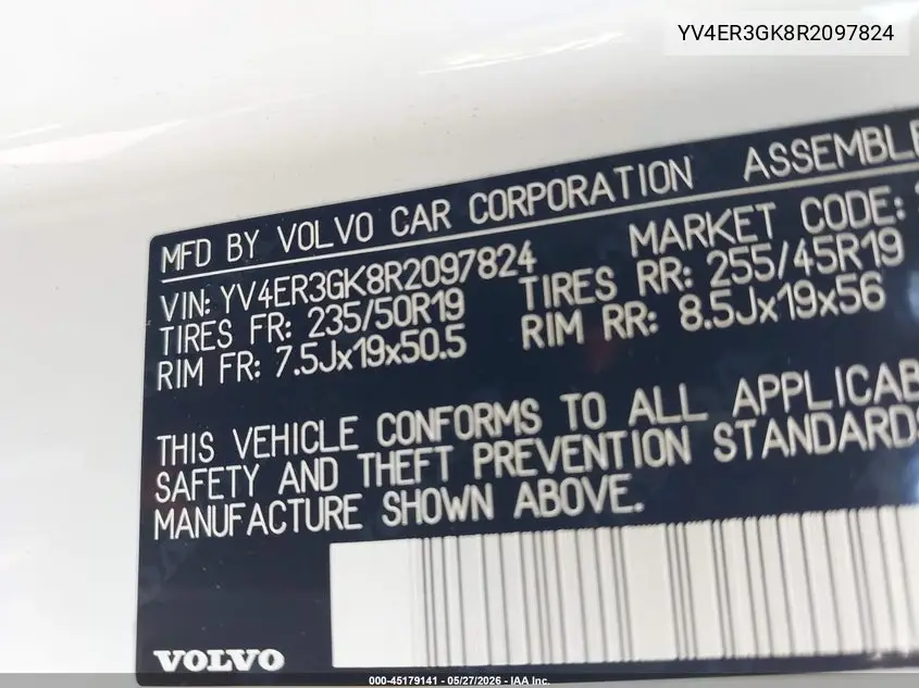 2024 Volvo C40 Recharge Pure Electric Twin Core VIN: YV4ER3GK8R2097824 Lot: 45179141