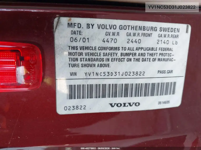 2001 Volvo C70 Ht VIN: YV1NC53D31J023822 Lot: 45275953