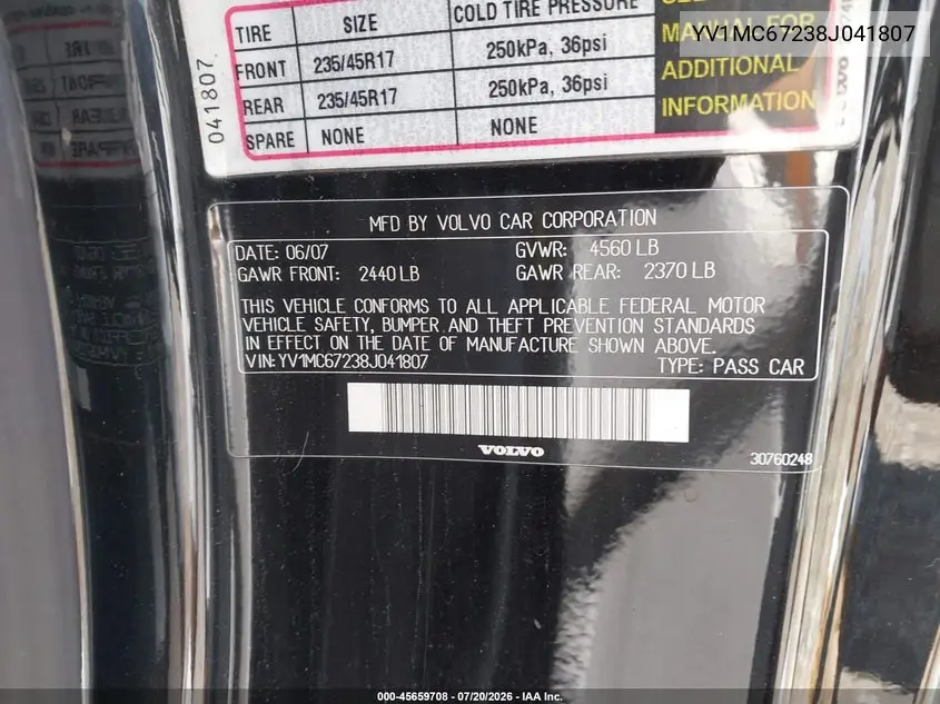 2008 Volvo C70 T5 M VIN: YV1MC67238J041807 Lot: 45659708
