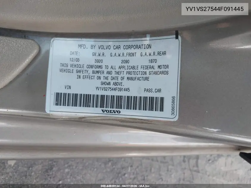 2004 Volvo S40 A/Lse VIN: YV1VS27544F091445 Lot: 44939134