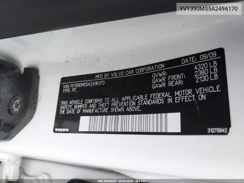 2010 Volvo S40 2.4I VIN: YV1390MS5A2496170 Lot: 45008830