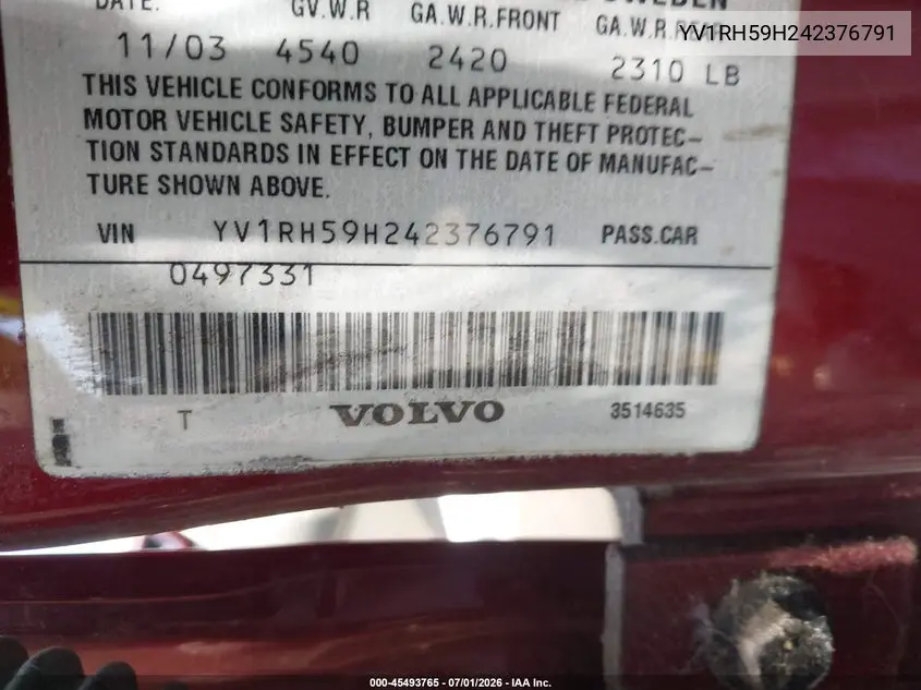 2004 Volvo S60 2.5T Awd VIN: YV1RH59H242376791 Lot: 45493765