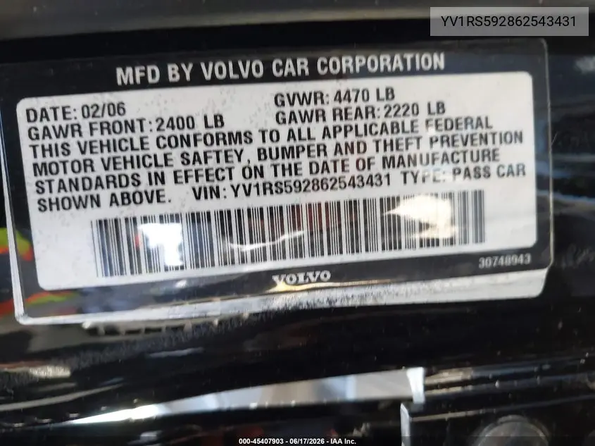 2006 Volvo S60 2.5T VIN: YV1RS592862543431 Lot: 45407903