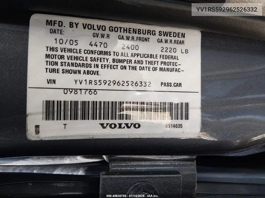 2006 Volvo S60 2.5T VIN: YV1RS592962526332 Lot: 45630708