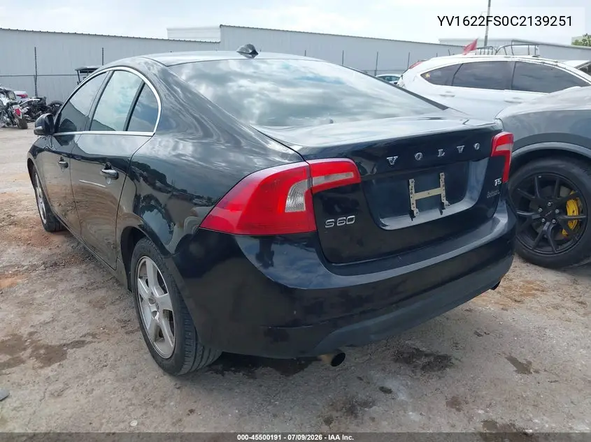 2012 Volvo S60 T5/T5 W/Moonroof VIN: YV1622FS0C2139251 Lot: 45500191