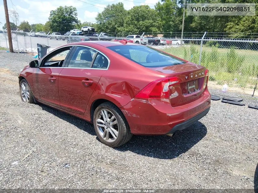 2012 Volvo S60 T5 VIN: YV1622FS4C2098851 Lot: 45521228