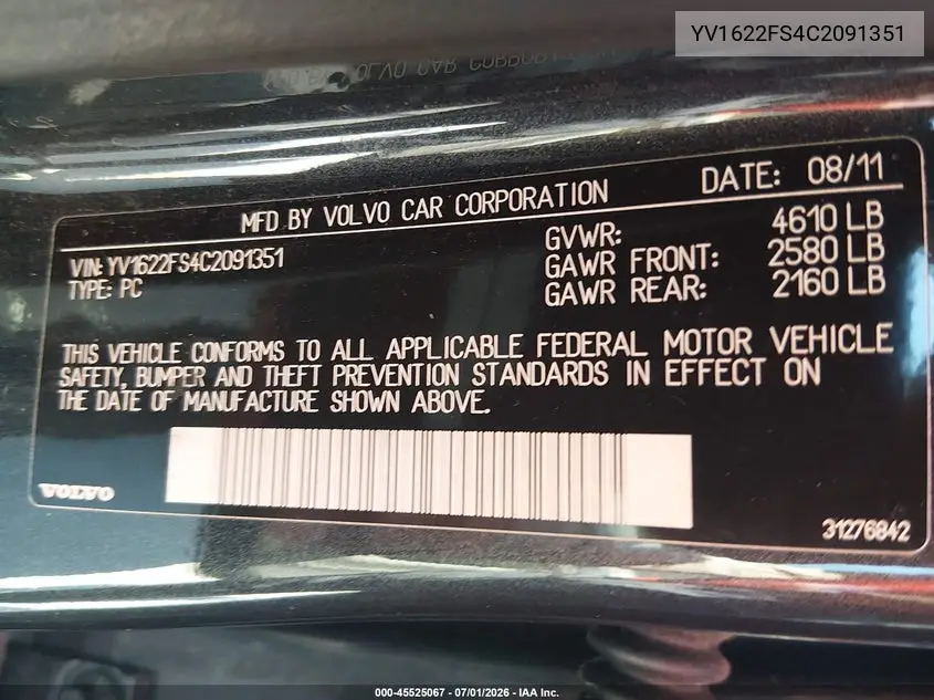 2012 Volvo S60 T5/T5 W/Moonroof VIN: YV1622FS4C2091351 Lot: 45525067