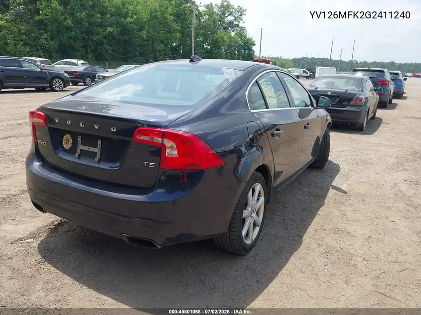 2016 Volvo S60 T5 Drive-E Premier VIN: YV126MFK2G2411240 Lot: 45501068