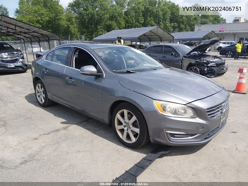 2016 Volvo S60 T5 Drive-E Premier VIN: YV126MFK2G2406751 Lot: 45601452