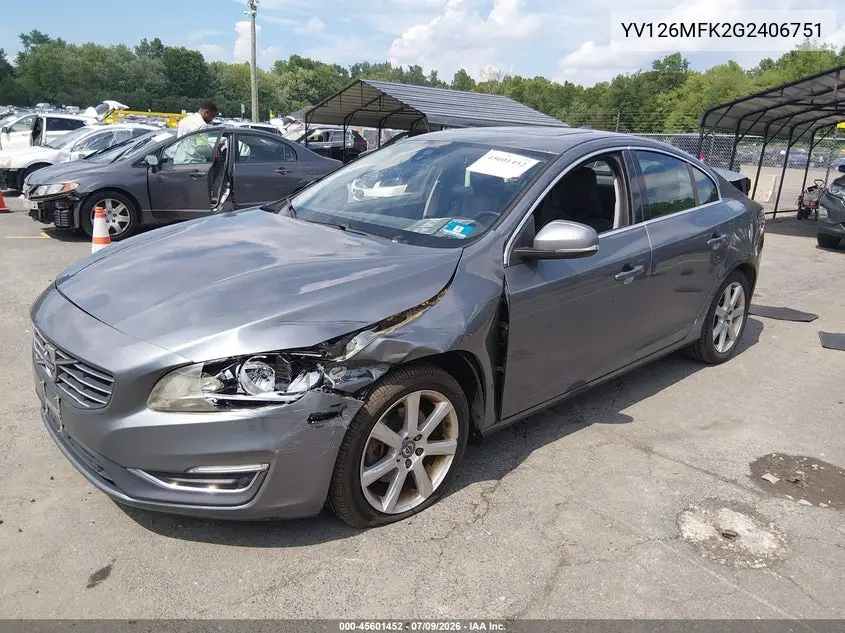 2016 Volvo S60 T5 Drive-E Premier VIN: YV126MFK2G2406751 Lot: 45601452