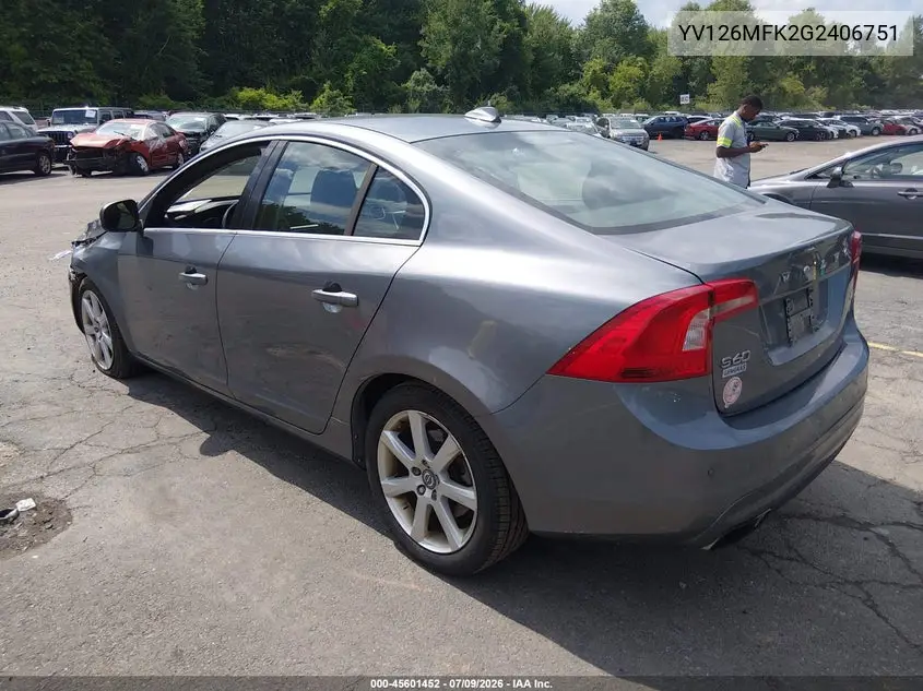 2016 Volvo S60 T5 Drive-E Premier VIN: YV126MFK2G2406751 Lot: 45601452