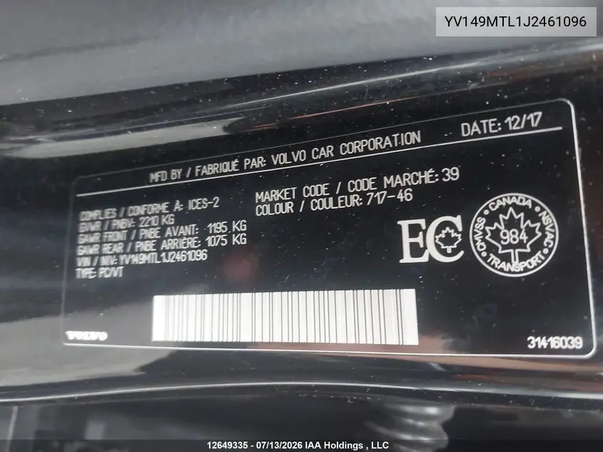 2018 Volvo S60 Dynamic VIN: YV149MTL1J2461096 Lot: 12649335