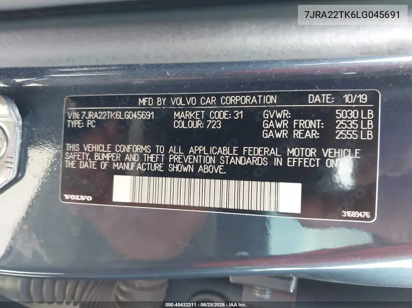 2020 Volvo S60 T6 Momentum VIN: 7JRA22TK6LG045691 Lot: 45432311