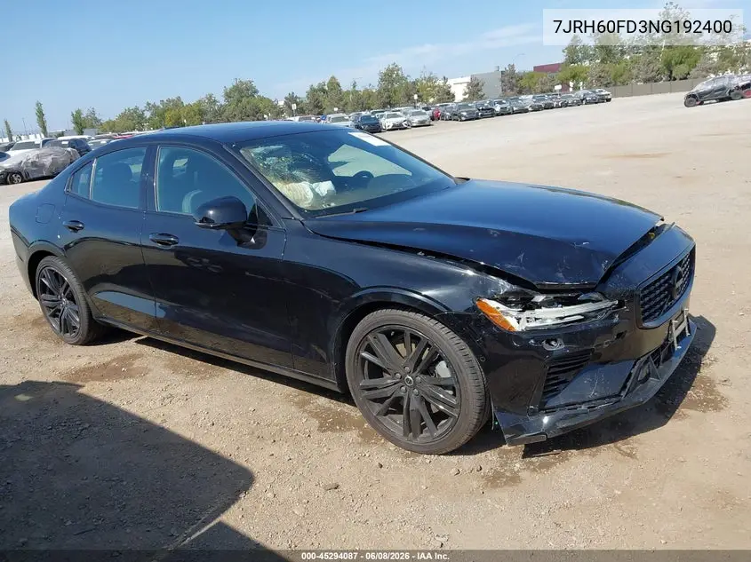 2022 Volvo S60 Recharge Plug-In Hybrid T8 Black Edition R-Design Extended Range VIN: 7JRH60FD3NG192400 Lot: 45294087