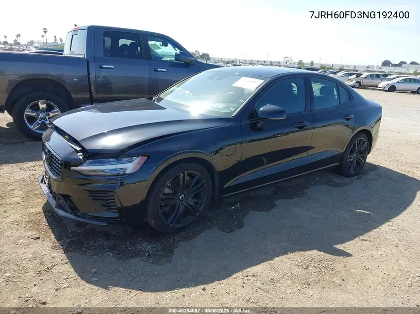 2022 Volvo S60 Recharge Plug-In Hybrid T8 Black Edition R-Design Extended Range VIN: 7JRH60FD3NG192400 Lot: 45294087