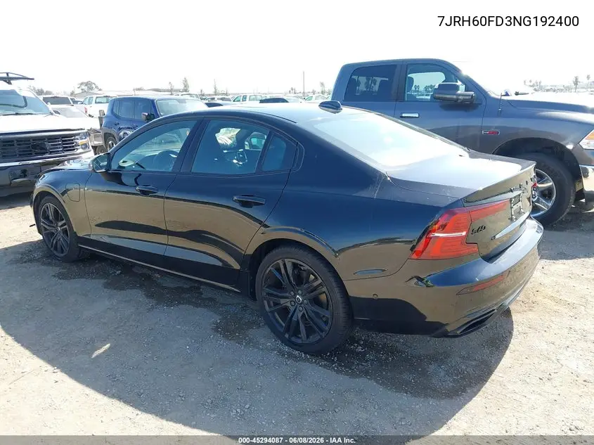 2022 Volvo S60 Recharge Plug-In Hybrid T8 Black Edition R-Design Extended Range VIN: 7JRH60FD3NG192400 Lot: 45294087