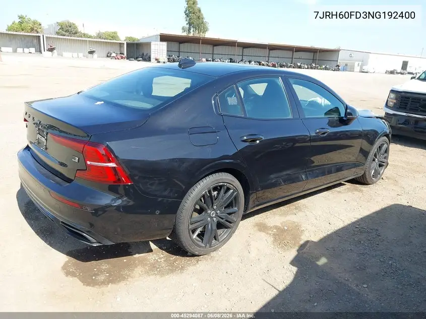 2022 Volvo S60 Recharge Plug-In Hybrid T8 Black Edition R-Design Extended Range VIN: 7JRH60FD3NG192400 Lot: 45294087