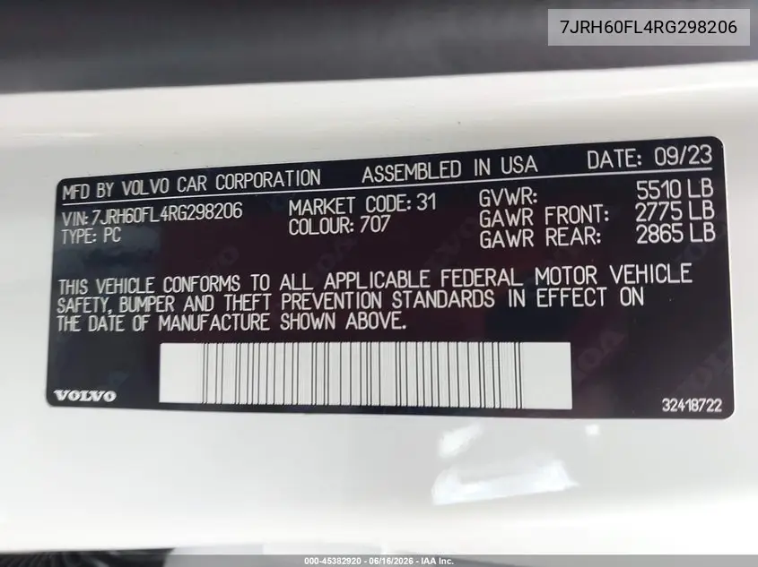 2024 Volvo S60 Recharge Plug-In Hybrid T8 Plus Dark Theme VIN: 7JRH60FL4RG298206 Lot: 45382920