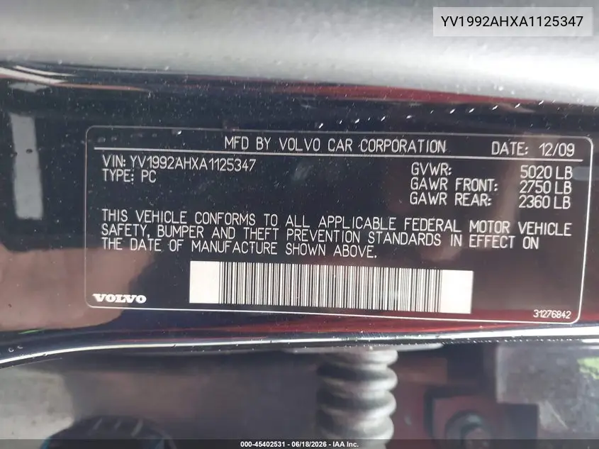 2010 Volvo S80 T6 VIN: YV1992AHXA1125347 Lot: 45402531