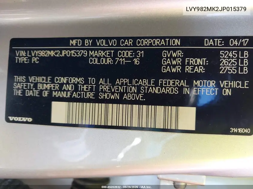 2018 Volvo S90 T5 Momentum VIN: LVY982MK2JP015379 Lot: 45202832