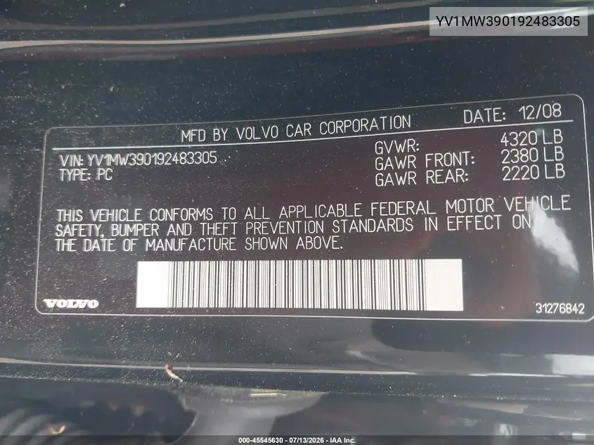 2009 Volvo V50 2.4I VIN: YV1MW390192483305 Lot: 45545630