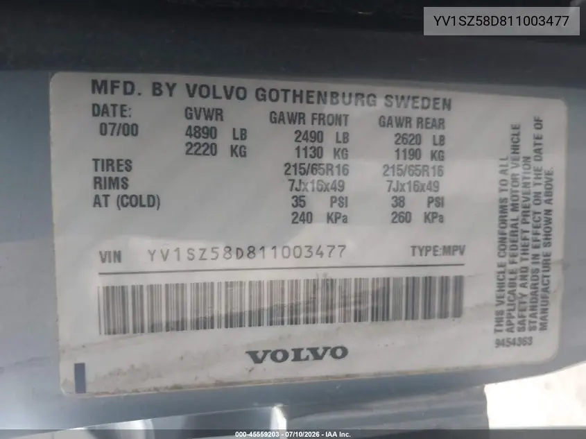 2001 Volvo V70 Xc VIN: YV1SZ58D811003477 Lot: 45559203