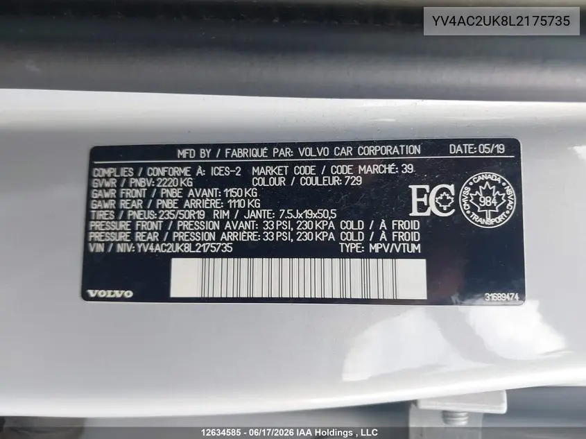 2020 Volvo Xc40 T4 Momentum VIN: YV4AC2UK8L2175735 Lot: 12634585