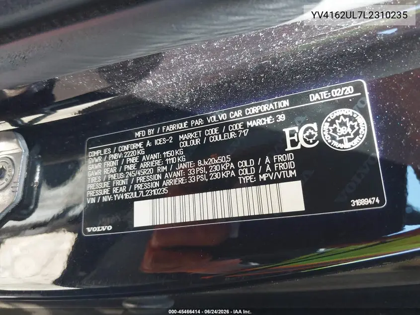 2020 Volvo Xc40 T5 Inscription VIN: YV4162UL7L2310235 Lot: 45466414