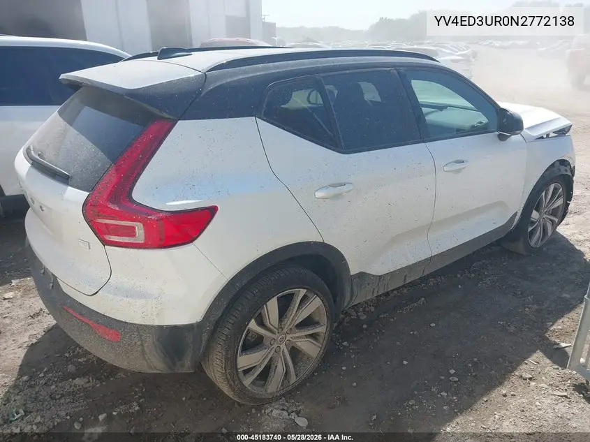 2022 Volvo Xc40 Recharge Pure Electric P8 Twin Plus VIN: YV4ED3UR0N2772138 Lot: 45183740