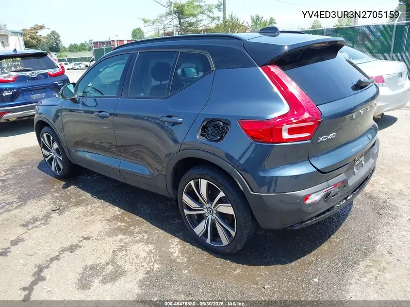 2022 Volvo Xc40 Recharge Pure Electric P8 Twin Plus VIN: YV4ED3UR3N2705159 Lot: 45476880