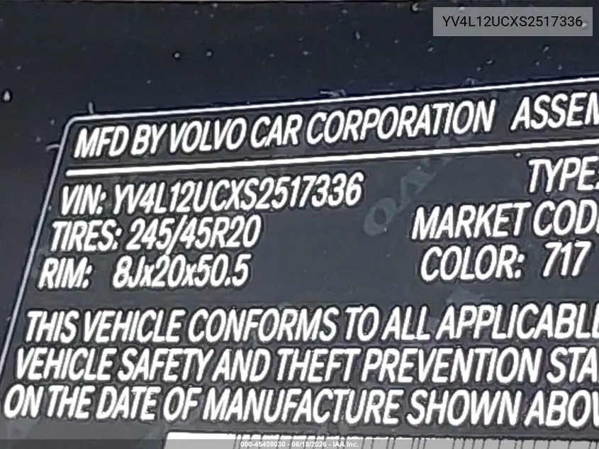 2025 Volvo Xc40 B5 Plus Dark Theme VIN: YV4L12UCXS2517336 Lot: 45408030