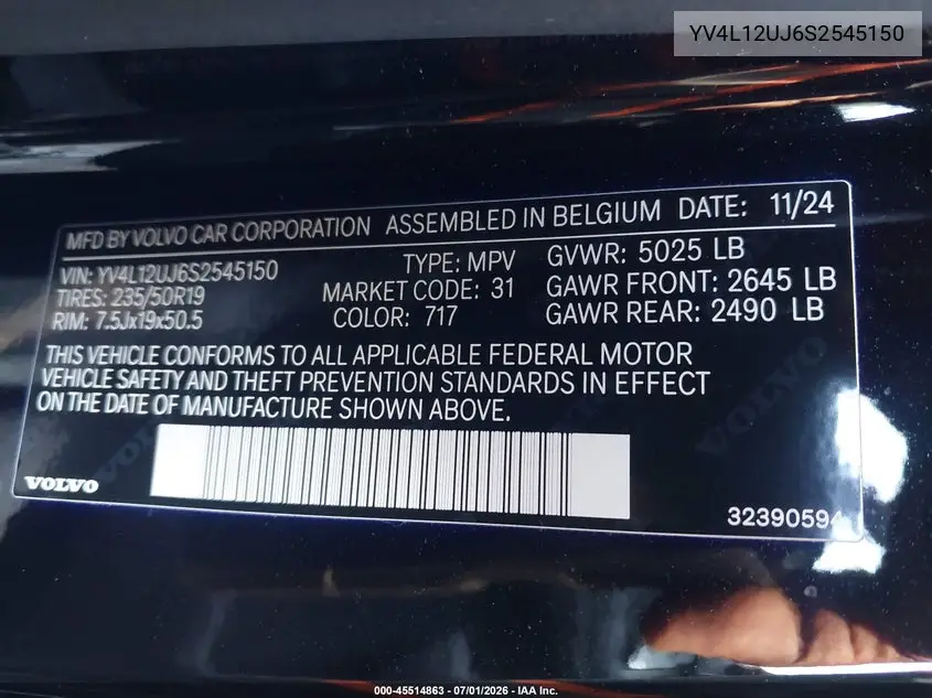 2025 Volvo Xc40 B5 Core Bright Theme VIN: YV4L12UJ6S2545150 Lot: 45514863