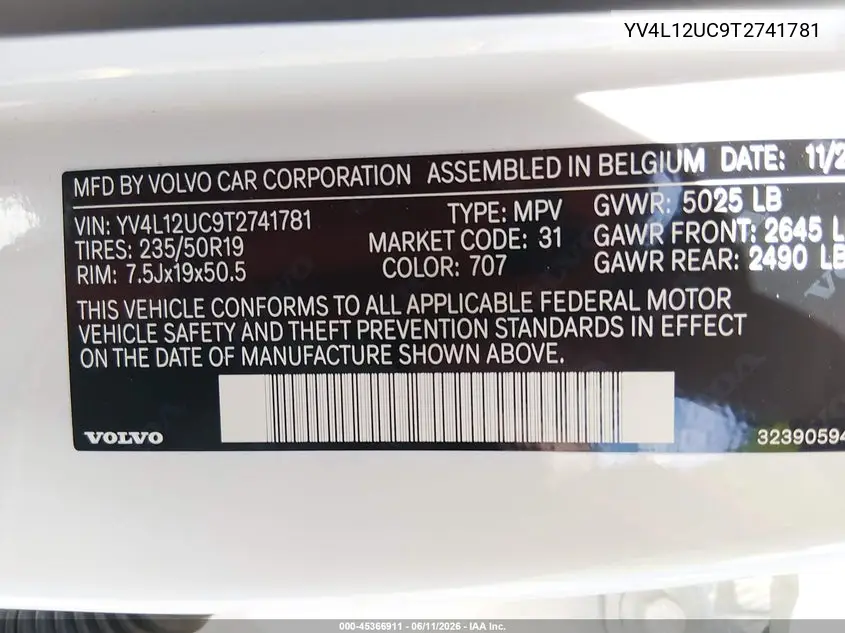 2026 Volvo Xc40 Plus, B5 Awd Gas (Mild Hybrid), Dark VIN: YV4L12UC9T2741781 Lot: 45366911