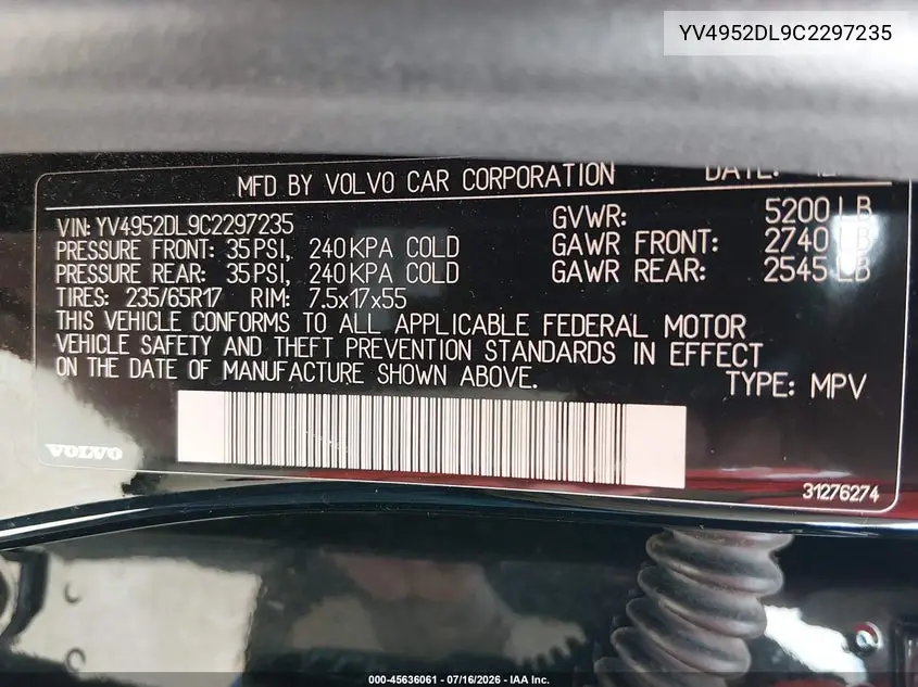 2012 Volvo Xc60 3.2/3.2 Platinum/3.2 Premier/3.2 Premier Plus VIN: YV4952DL9C2297235 Lot: 45636061